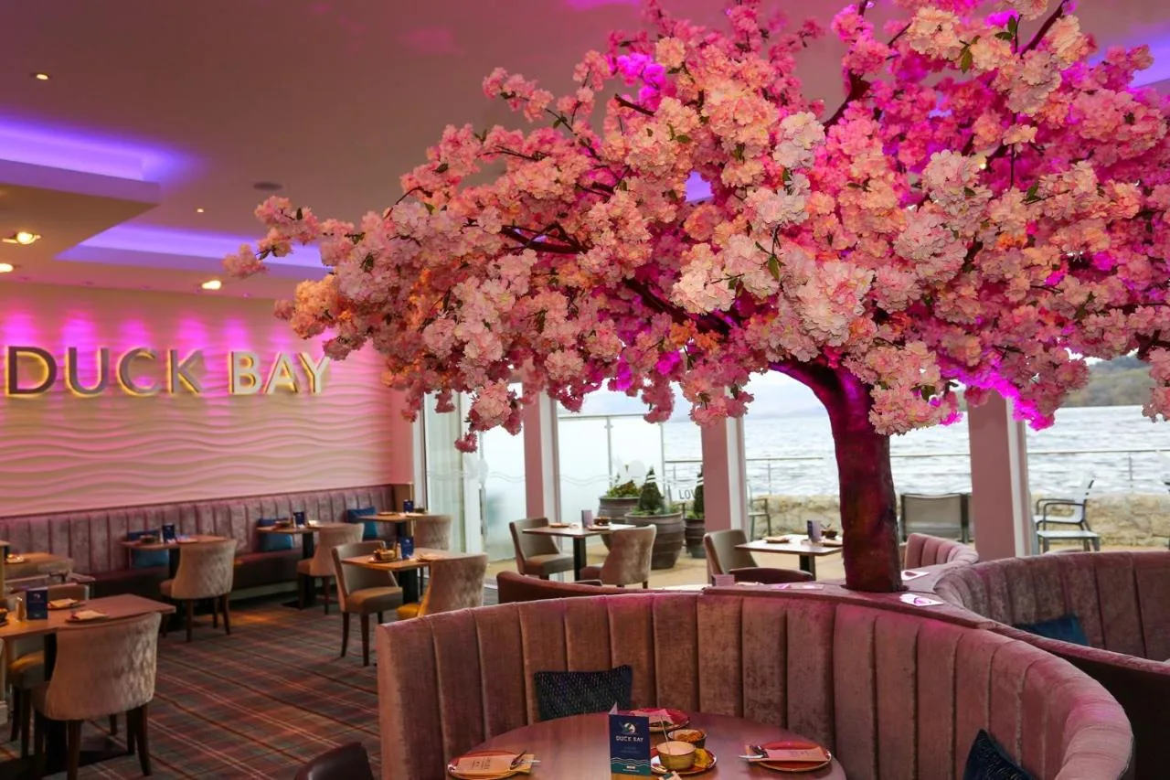 Restaurant with a blossom tree and loch views