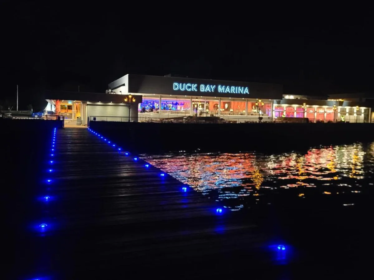 Duck Bay Marina lit up at night