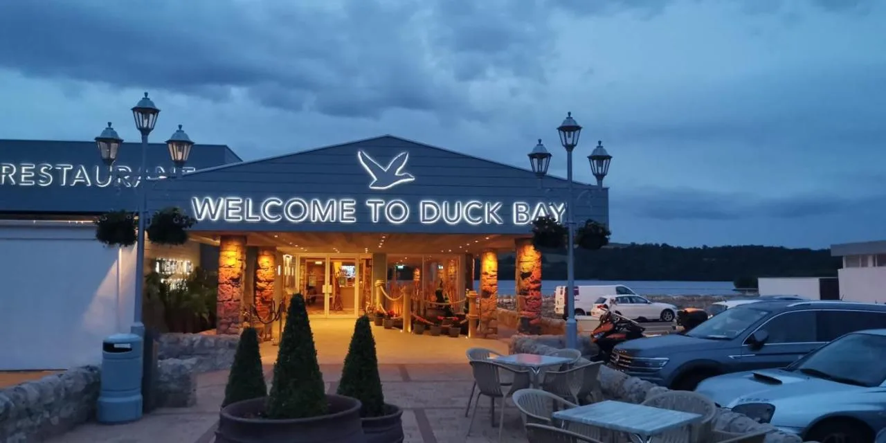 Hotel entrance at dusk